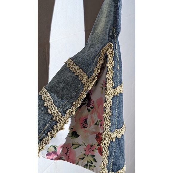 Huadi Flare Denim Jeans Acid Wash Lace Trim Floral Inset Bell Bottom Y2K 4 - Picture 5 of 5